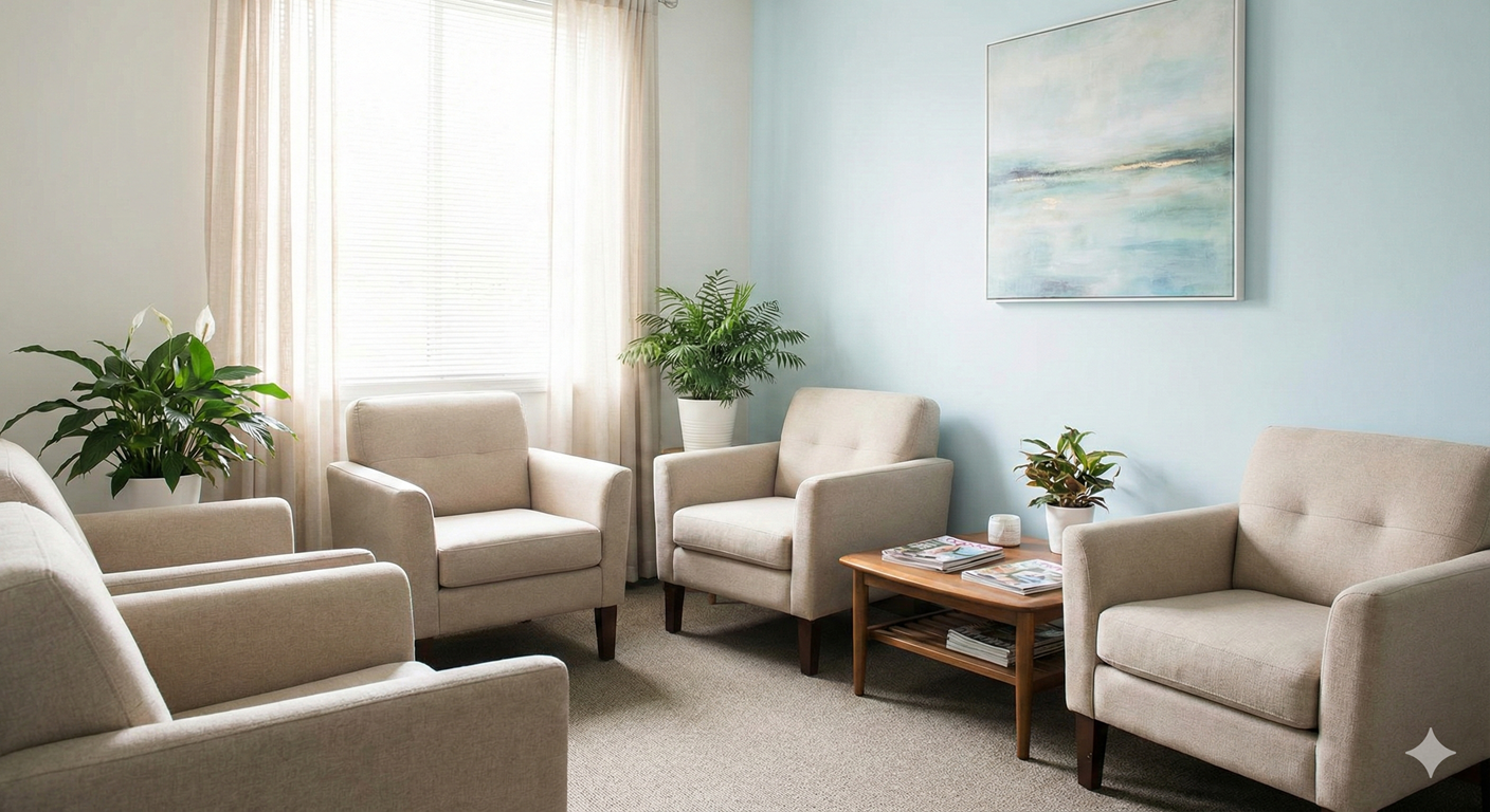 Příjemná a klidná čekárna psychiatrické ambulance MUDr. Šubrtové v Hradci Králové